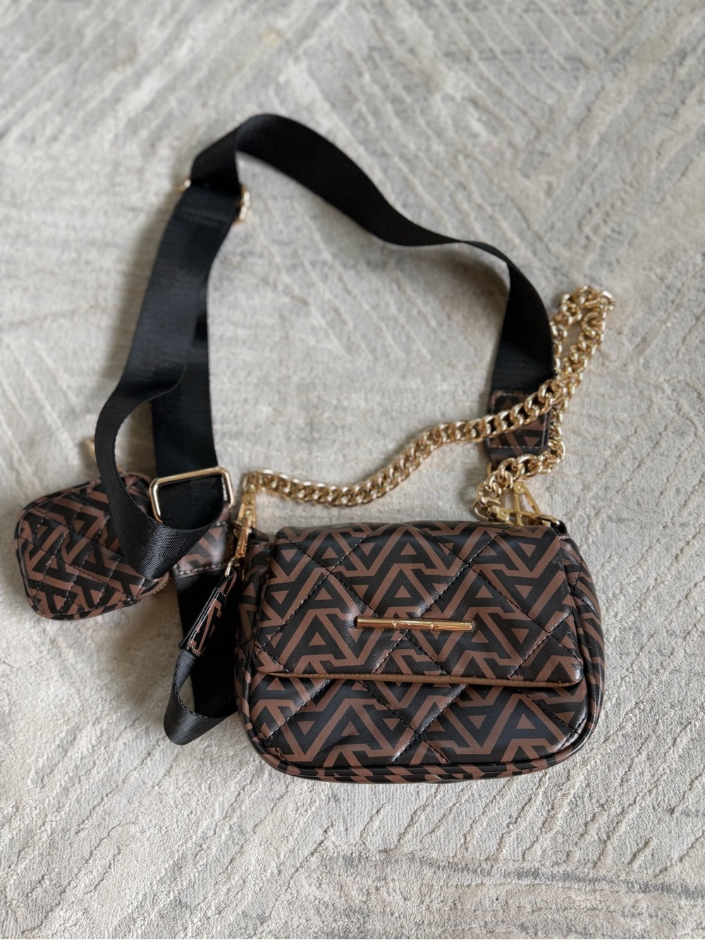 Geometric Quilted Crossbody Bag in Brown and Black with Gold Hardware